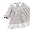 Vestido Infantil Outono 2025 Novo Estilo Coreano Elegante Vestido Princesa com Gola de Boneca para Bebês, Manga Longa