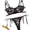 Encantador conjunto de lencería sexy de malla con bordados de estilo europeo y americano, fino, con aros, push-up, nuevo, con corazón de cinta