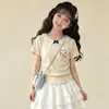 Conjunto Casual de Verano Lindo y Dulce para Niñas Mayores, en Capas, Sencillo y a la Moda, con Lazo y Encaje, Conjunto de Camisa de Manga Corta