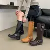 Botas compridas estilo coreano com fivela para mulheres, botas de montaria de inverno com bico redondo e salto grosso médio, botas de moto versáteis vintage