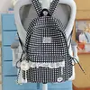 Mochila Fresca Estilo Coreano com Estampa Xadrez e Bolinhas com Acabamento em Renda, Pequena Mochila Escolar para Meninas, Adequada para Alunos do Ensino Fundamental II e Médio, Bolsa para Mulheres que se Deslocam