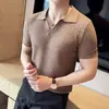 Polo de Tricô Vazado Europeu de Luxo Leve de Alta Qualidade Masculino para Meia-Idade e Jovens Estilo Coreano Ligeiramente Maduro Verão Gola Manga Curta