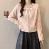 Wu Toufeng foto real cárdigan de punto rosa estilo coreano con cuello de lazo para mujer