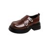 Versión de Piel de Vaca~ Hebilla Metálica Retro Nueva Piel Genuina Punta Redonda Suela Gruesa Tacón Grueso Zapatos de Piel para Mujer para Otoño e Invierno Mocasines