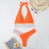 Bikini de dos piezas de color sólido nuevo para mujer, popular en Europa y América, bikini sexy ajustado, traje de baño push-up de cintura alta con cuello halter