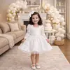 Vestido blanco de lentejuelas para niña, vestido formal con corbatín, atuendo para fiesta de cumpleaños, vestido de princesa de manga larga
