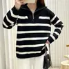 Estilo coreano outono e inverno Nova moda solta gola alta cor de contraste suéter casual casaco feminino zíper listrado pullover suéter