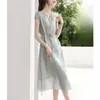 Nuevo Vestido de Lino de Verano para Mujer, Ligero y Transpirable, con Cinturón de Lazo, Adelgazante, Elegante Cuello en V, Vestido Largo de Vacaciones Estilo Francés