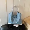 Bolsa de Axila Jeans Azul Simples Estilo Coreano Decoração de Laço de Tecido Bolsa Tote Mãe-Filho Bolsa de Ombro para Armazenamento Diário