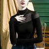 Camisa de cuello medio alto con costura de encaje para mujer, lijado, otoño e invierno 2023, diseño elegante, estilo camisa pequeña para invierno