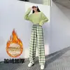 Pantalones de Cuadros Forrados de Polar para Mujer Primavera Cintura Alta Gruesos Cálidos Pierna Recta Pantalones de Lana de Cordero Se Pueden Usar Afuera Pantalones de Cuadros Pierna Ancha