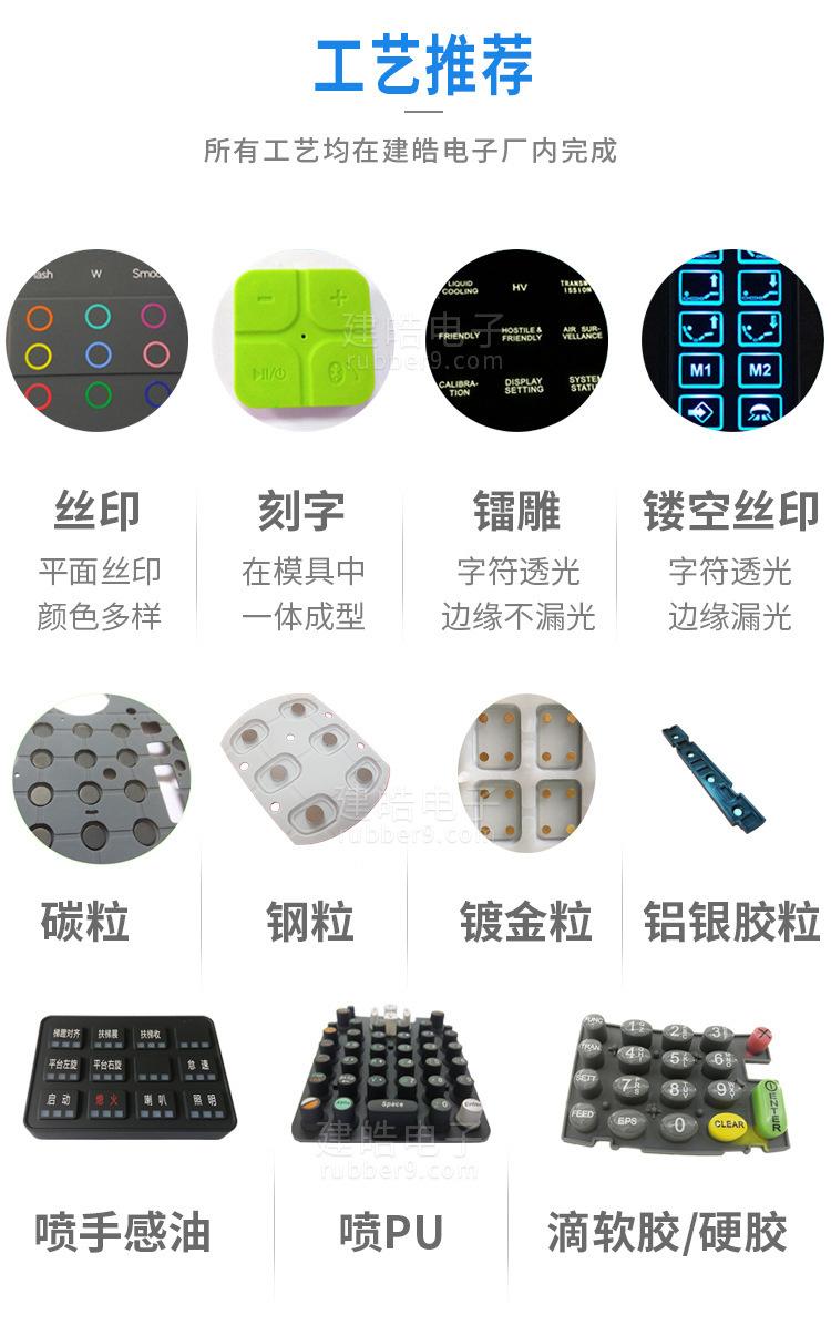 建皓电子硅胶按键定制工艺推荐，涵盖丝印、刻字、镭雕等全流程二次加工，厂内一站式完成。