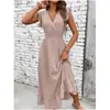 Vestido longo de alça V com babados e acinturado, atacado em estoque, novo modelo de verão, estilo europeu e americano transfronteiriço para férias na praia