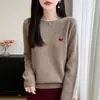 Camiseta base 100% lã pura com gola redonda para mulheres, modelagem solta, top de tricô afina a silhueta, camada interna fina de manga longa com estampa de coração