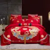 Juego de ropa de cama de boda de alta gama con dragón y fénix en color rojo brillante, juego de cuatro piezas, ropa de cama de boda para el novio, colcha de novia para la novia