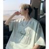 Camiseta Masculina Verão Moda Marca Suede Manga Curta Selo de Aço Letra Oversize Ombro Pesado Americano Manga Meia Manga Solta