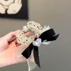 Goma para el pelo de lunares blancos y negros con lazo de perlas coreana para mujer, Accesorio de malla de alta gama para coleta
