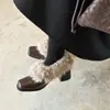 Versão Pronta ~ Sapatos Peludos de Salto Alto Retrô para Mulheres, Sapatilhas Quentes de Veludo com Bico Quadrado, Sapatos Pequenos de Couro com Salto Grosso, Sapatos de Algodão
