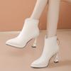Jinbukang Botas de salto alto pretas, salto fino, moda outono, novas botas Martin femininas de cano curto e zíper traseiro pontudo
