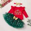 Conjunto de vestido navideño para bebé: Enterizo rojo de manga acampanada, falda de malla con estampado de estrellas, conjunto de tres piezas para fiesta navideña de bebé