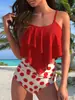 Maiô Europeu e Americano Estampado Separado Feminino com Babado Cintura Alta Cobrindo a Barriga Biquíni de Duas Peças Roupa de Banho para Férias na Praia