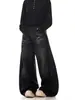 Jeans Anchos Desgastados Negro-Gris Retro Americano de Moda Pantalones Sueltos para Principios de Otoño Unisex Rectos Versátiles de Moda