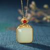 Colgante cuadrado de jade hetiano chapado en oro y plata de ley S925, elegante y retro, conjunto de cadena de clavícula para mujer