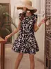 2026 Moda Feminina Transfronteiriça Europeia e Americana Verão Novo Vestido com Gola Redonda, Manga Flare, Estampado e Babados para Mulheres