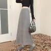 Elegante falda larga de punto grueso para mujer, de cintura alta, con diseño calado, adelgazante, de otoño, color gris, con caída elegante