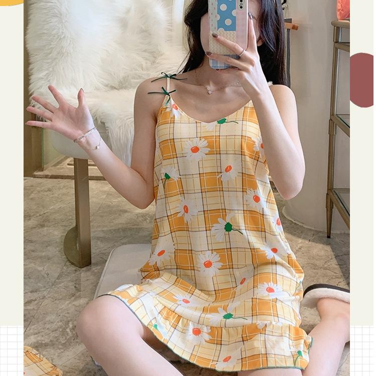 红心白花格子睡裙-蝴蝶吊带