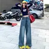 Calça Jeans Reta Larga de Cintura Alta Estilo Americano Retrô Solta de Cintura Alta Versátil para Mulheres