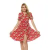 Falda de té francés Amazon nuevo traje cuello de camisa gasa estampada gran vuelo wrap dress falda sexy de playa
