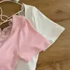 Camiseta feminina de manga curta com recorte nas costas em renda estilo francês, nova coleção verão 2026, top sexy justo