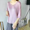 Camiseta Base de Modal para Mujer, Estilo Holgado Delgado con Mangas Tres Cuartos, Ropa Interior de Verano, Pijama Ropa de Casa Talla Grande, Camiseta Corta Delantera y Larga Trasera