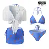 2026 Nuevo Estilo Dopamina Costero para Mujer Verano Camisa Corta de Atar Azul Traje de Baño Bikini Estilo Falda de Dos Piezas