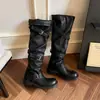 Botas Altas de Punta Redonda con Hebilla Estilo Nuevo Otoño/Invierno 2026 Tacón Grueso Tacón Medio Piel de Vaca Botas de Poner para Mujer