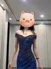 Vestido Tubinho Azul Brilhante para Banquete de Verão 2026 para Mulheres, Vestido de Um Ombro Só, Vestido Longo Sexy com Fenda para Marcar a Cintura para Mulheres