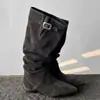 Bota de cano alto, estilo coreano, nicho, perna larga, emagrecedora, até o joelho, para equitação feminina, casual, aumenta a altura, couro macio, cano longo, botas femininas empilhadas