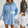 Estilo Ins Foto Real Primavera e Verão Casual Manga Lanterna Cintura Apertada Assimétrico Vestido Camisa Vestido Amazon Cross-border Roupas Femininas