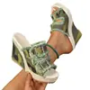 Sandalias de cuña con hebilla transfronteriza y punta abierta, chanclas de mezclilla de suela gruesa para mujer de estilo europeo y americano, sandalias de moda de verano para exteriores