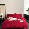 Juego de cuatro piezas de estilo coreano, fresco y sencillo, de algodón 100%, con bordado floral romántico, funda nórdica, fundas de almohada con encaje, sábana plana, sábana bajera y ropa de cama.