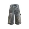 Pantalones Cortos Cropped de Mezclilla Sucios Rasgados Estilo Páramo para Hombre, Diseño de Salpicadura de Tinta Graffiti Urbano, Pantalones Cortos Anchos Sueltos de Nicho