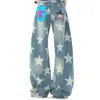 Calça jeans moderna estilo retrô americano com estampa de estrelas por toda a peça, novo design para primavera e outono, calça solta de perna reta e larga