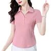 2025 Verão Novo Cor Sólida Gola POLO Ombro Manga Curta Camiseta Feminina Redutora de Idade Emagrecedora Combina com Tudo Estilo Ocidental Camiseta Top Moderna
