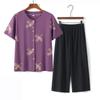 Traje de verão para avós de mulheres de meia-idade e idosas, roupas de algodão e seda para mães idosas, blusa de manga curta para idosos, conjunto de duas peças