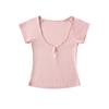 Playera Multicolor de Manga Corta con Hombro Derecho Descubierto para Mujer Verano Corta Ajustada Sexy Cuello en V Top Americano Moderno al Por Mayor