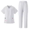 Conjunto de dos piezas de uniforme de enfermera de hospital dental modelo nuevo hecho a medida, unisex de manga corta y pantalón largo con cuello en V, ropa de trabajo
