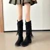 Botas altas de tubo apiladas con flecos para mujer, botas de caballero de tubo alto estilo páramo vintage, pierna ancha, circunferencia de caña grande, botas para mujer de talla grande, tallas 41 a 43