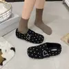 Zapatos de Algodón Estilo Coreano Cálidos Puntera Redonda Puntera de Lunares Tacón Cubierto Zapatos de Piel Sintética Dividida Hebilla de Cuero de Invierno Velcro Suela Plana Más Terciopelo