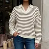 100% RoupasTEMU Transfronteiriço 2026 Novo Estilo Casual Coreano Listrado Gola Solta Moletom de Tricô Feminino